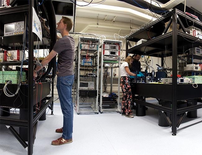 A two-node setup in the laboratory of QuTech in Delft, Netherlands. The team recently moved the second node to The Hague to test quantum protocols over a 30-km connection. Courtesy of QuTech.