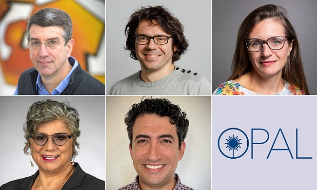 The National Science Foundation has provided funding for the University of Rochester and partner institutions to design and prototype key technologies. The project’s co-principal investigators include (clockwise from upper left) Jonathan Zuegel and Antonino Di Piazza from the University of Rochester, Eva Zurek from the University of Buffalo, Franklin Dollar from the University of California–Irvine, and Ani Aprahamian from the University of Notre Dame. Courtesy of Julia Joshpe, University of Rochester.