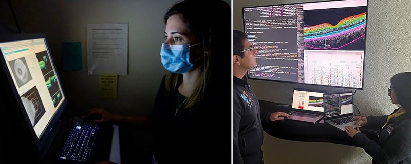 (Left) Senior author Nazlee Zebardast, director of Glaucoma Imaging at Mass Eye and Ear and an assistant professor of ophthalmology at Harvard Medical School. (Right) Saman Doroodgar Jorshery (left) and Seyedeh Maryam Zekavat examine data and OCT images of retinal thickness. Courtesy of Mass Eye and Ear.