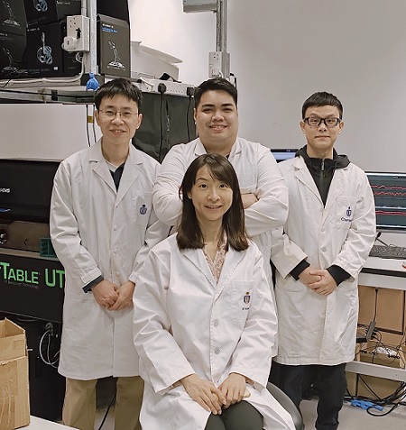 Professor Jinqing Huang (front row) and members on her research team, including Xin Dai (left, second row), Vince St. Dollente Mesias (middle, second row), and Wenhao Fu (right, second row) at the Department of Chemistry at Hong Kong University of Science and Technology. The team developed a technique to study molecular dynamics using plasmonic tweezers and surface enhanced Raman spectroscopy. Courtesy of HKUST.