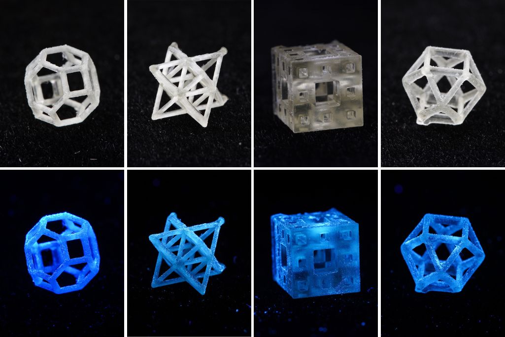These 2-cm-tall, 3D-printed objects were fabricated from supramolecular ink that emits blue or white light. Courtesy of Jenny Nuss/Berkeley Lab and Science.