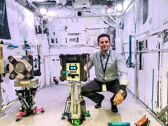 CSIRO research group leader Marc Elmouttie next to the MRS payload installed in an Astrobee robot. Courtesy of ISS National Laboratory. 