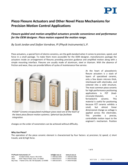 Piezo Flexure Actuators and Other Piezo Mechanisms for Precision Motion Control Applications