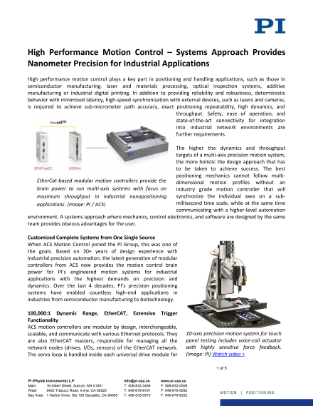 High Performance Motion Control – Systems Approach Provides Nanometer Precision for Industrial Applications