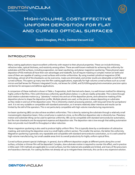 High-Volume, Cost-Effective Uniform Deposition for Flat and Curved Optical Surfaces