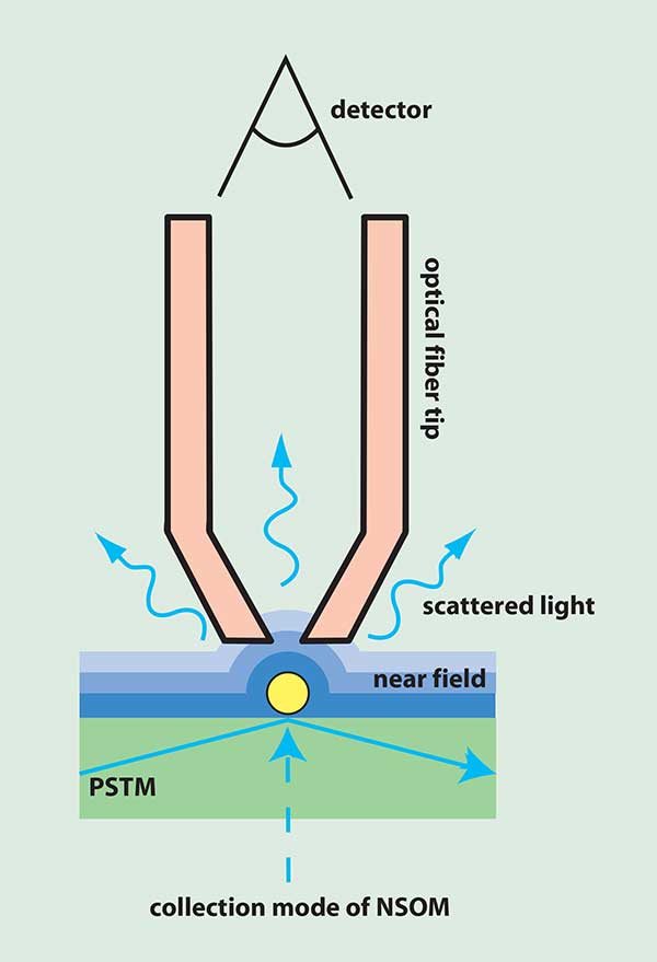 A sample irradiated from the bottom scatters light, resulting in near-field light confined around the surface structures.