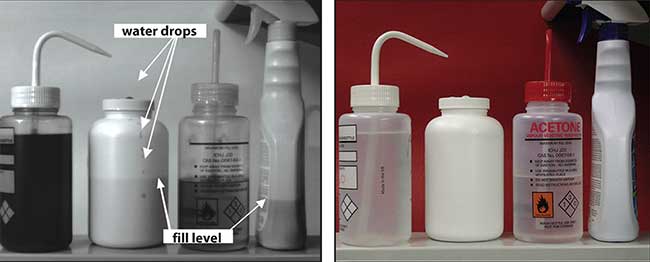 SWIR image (left) shows InGaAs technology’s ability to see the levels in plastic bottles, even those opaque to the eye. Contents from left to right: water, water, acetone and a cleaning agent. Note that the water droplets on the outside of the pharmaceutical bottle are clearly visible in the SWIR image.