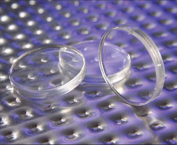 These molded parts are made of silicone hard resin at a refractive index of 1.53 and with high optical clarity.