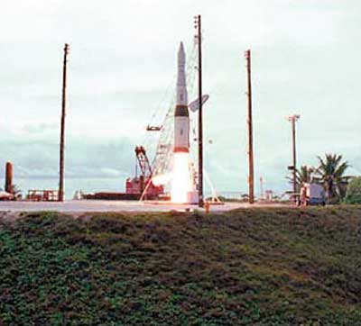 A rocket carrying a prototype missile interceptor launches from Meck Island.