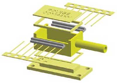 Typical package configuration features a built-in heat sink, a port for optical fiber and leads for mounting the assembly on a circuit board. 