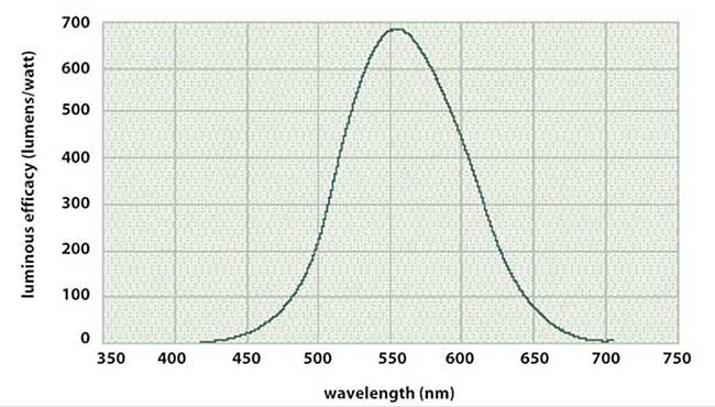 Luminous efficacy peaks at approximately 555 nm. 