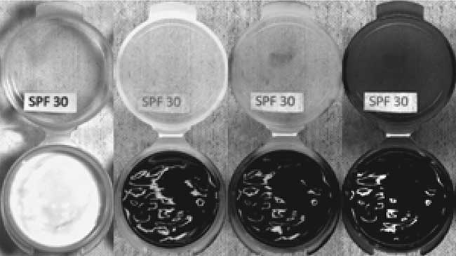 Four images of a plastic sample container with SPF30 sun block in it.