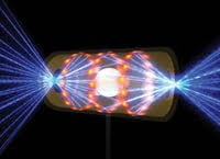 This artist's rendering shows an NIF target pellet inside a hohlraum capsule with laser beams entering through openings on either end. 