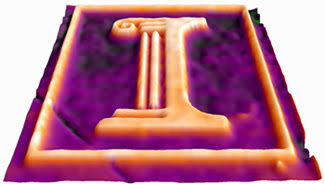 A 3-D image of the University of Illinois logo etched into a gallium-arsenide semiconductor, taken during etching with a new microscopy technique that monitors the etching process on the nanometer scale. 