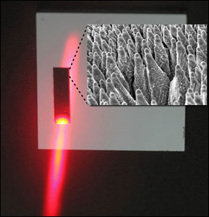 Black silicon is irradiated with a laser. Small image: Black silicon magnified.