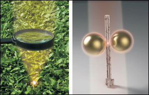 Analogy between a conventional lens (left) focusing a light beam and the nanolens (right) made with two spherical gold nanoparticles on a DNA origami pillar structure. 