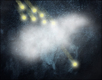  An artist’s conception shows how any number of incoming photons (top) can be absorbed by a cloud of ultracold atoms (center), tuned so that only a single photon can pass through at a time.