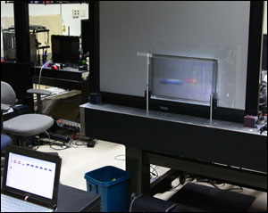 The experimental setup of a proposed glasses-free 3-D theater experience is shown, with the projector in the familiar front position, creating 3-D images.