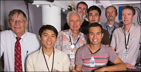 Many of the SLAC and Stanford researchers who helped create the accelerator on a chip are pictured in SLAC's NLCTA lab, where the experiments took place. Left to right: Robert Byer, Ken Soong, Dieter Walz, Ken Leedle, Ziran Wu, Edgar Peralta, Jim Spencer and Joel England. 