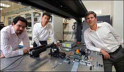 Professor Joseph Kahn (right), and graduate students Reza Nasiri Mahalati (left) and Ruo Yu Gu (center) with their prototype single-fiber endoscope. 