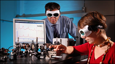 Scientists working on the spatially offset Raman spectroscopy (SORS) technique at the Science and Technology Facilities Council’s Central Laser Facility in Oxfordshire, England. 