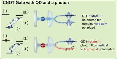 Illustration of the Joint Quantum Institute’s CNOT gate with a semiconductor quantum dot and a photon.