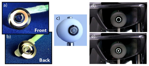 Five views of the switchable telescopic contact lens developed by an international team of researchers led by University of California, San Diego professor Joseph Ford. (a) From front. (b) From back. (c) On the mechanical model eye. (d) With liquid crystal glasses. Here, the glasses block the unmagnified central portion of the lens. (e) With liquid crystal glasses. Here, the central portion is not blocked. 