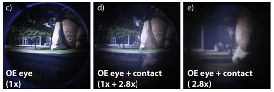 Images captured through the contact lens and mechanical model eye. (c) Outdoor image taken with model eye alone. (d) Outdoor image taken with model eye and contact lens. This image shows why each of the two magnification states (normal and 2.8×) should be used one at a time: here, neither section of the lens is being blocked by the glasses, and the result is an image with greatly reduced contrast. (e) Outdoor image taken with just the magnified outer portion of the contact lens (2.8×).