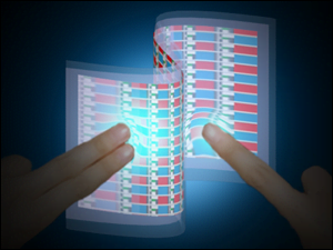 In this artistic illustration of an interactive e-skin developed at the University of California, Berkeley, OLEDs are turned on locally where the surface is touched. 