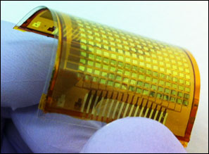 A fully fabricated 16 × 16-pixel e-skin that lights up when touched.