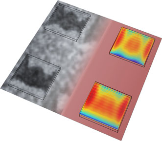 Researchers imaged the microstructure using photo-emission electron microscopy, left, and using computer simulations, right. 