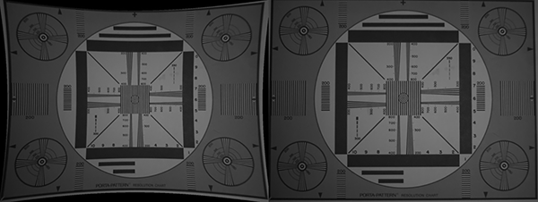 On the left is a test chart showing obvious distortion (pincushion), and on the right is the same chart corrected by software.