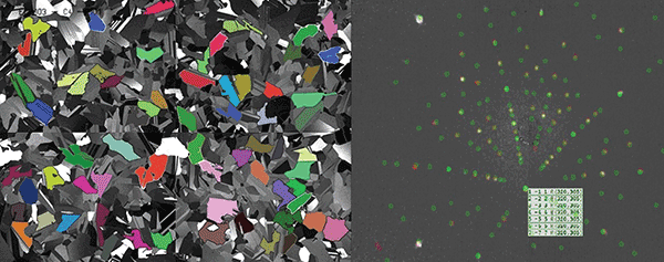 Silicon solar cell in false color, left, and x-ray crystallography data, right, (Laue pattern) from the same solar cell.