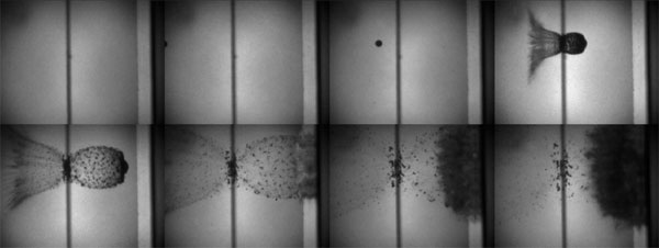 The flight of an aluminum pellet fired at 4000 m/s at an aluminum target is captured at 200,000 fps.