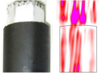 Comparison of a photograph and a terahertz image of a prestressed concrete steel cable.