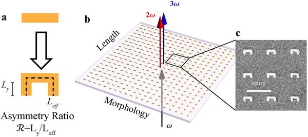 Metamaterial arrays whose geometry varies gradually from a symmetric bar to an asymmetric U shape were used to compare the predictive abilities of Miller's rule and a nonlinear light scattering theory.