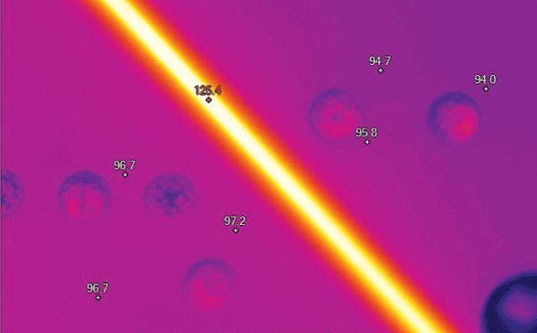 Printed circuit board trace thermal proximity evaluation using an IR macro lens.