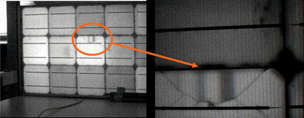 Sensitive to SWIR, indium gallium arsenide (InGaAs) sensors can spot manufacturing defects in solar cells, as seen in the close-up of a 36-cell solar panel.