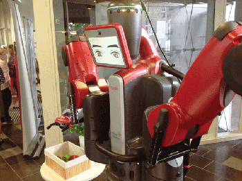 Figure 5. Queensland University of Technology unveiled a version of a Baxter robot that is programmed to identify and pick ripe bell peppers, as well as to play an unbeatable game of Connect Four. Photo courtesy of ACRV.