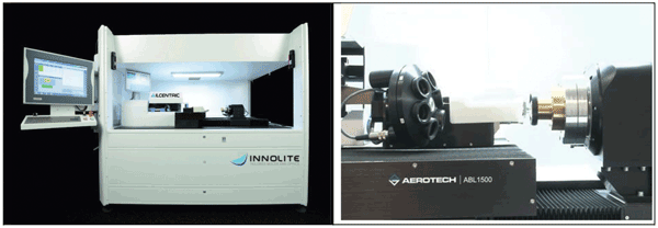 At left, the machining system measures the absolute position of the optical axis. At right, a working space with sensors.
