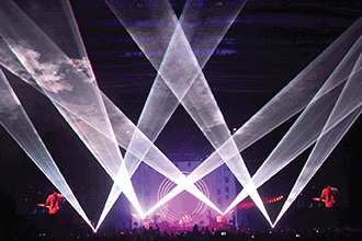 Five 21-W scanning lasers, projecting into the air during a show in London.