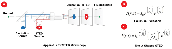Schematic diagram of a typical STED apparatus using pulsed pump (blue) and pulsed or CW-STED (red) laser sources.
