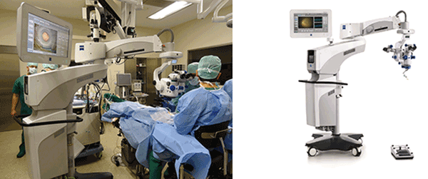 The Zeiss Opmi Lumera 700 surgical microscope and Zeiss Rescan 700 OCT device superimposes high-resolution OCT images on the view through the surgical microscope, providing ophthalmologists with a view beneath the surface of the tissue.