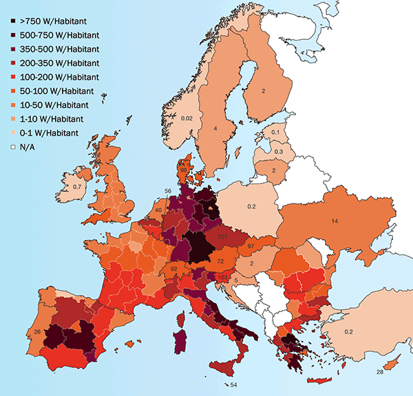 European PV installations per habitant.