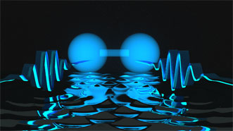 Two photons, depicted in this artist's rendering as waves at left and right, can be locked together at a short distance.