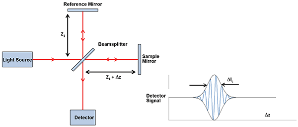 Principle drawing of an OCT setup (left), interference signal on detector (right).