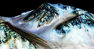 Dark, narrow streaks on Martian slopes such as these at Hale Crater are inferred to be formed by seasonal flow of water on present-day Mars.