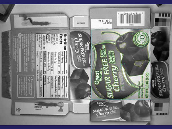 Above is a package of sugar-free, cherry-flavored gelatin trained with conventional pattern matching. The highlighted area is used as the reference image.