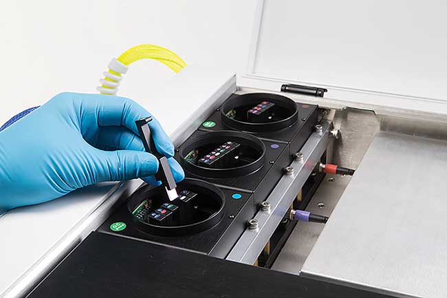 The three detection modules of a 3-laser, 13-color Beckman Coulter CytoFLEX flow cytometer. 