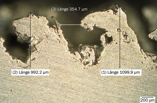 A cross section of an aluminum part, with dimensions indicated, after it is structured with the laser.